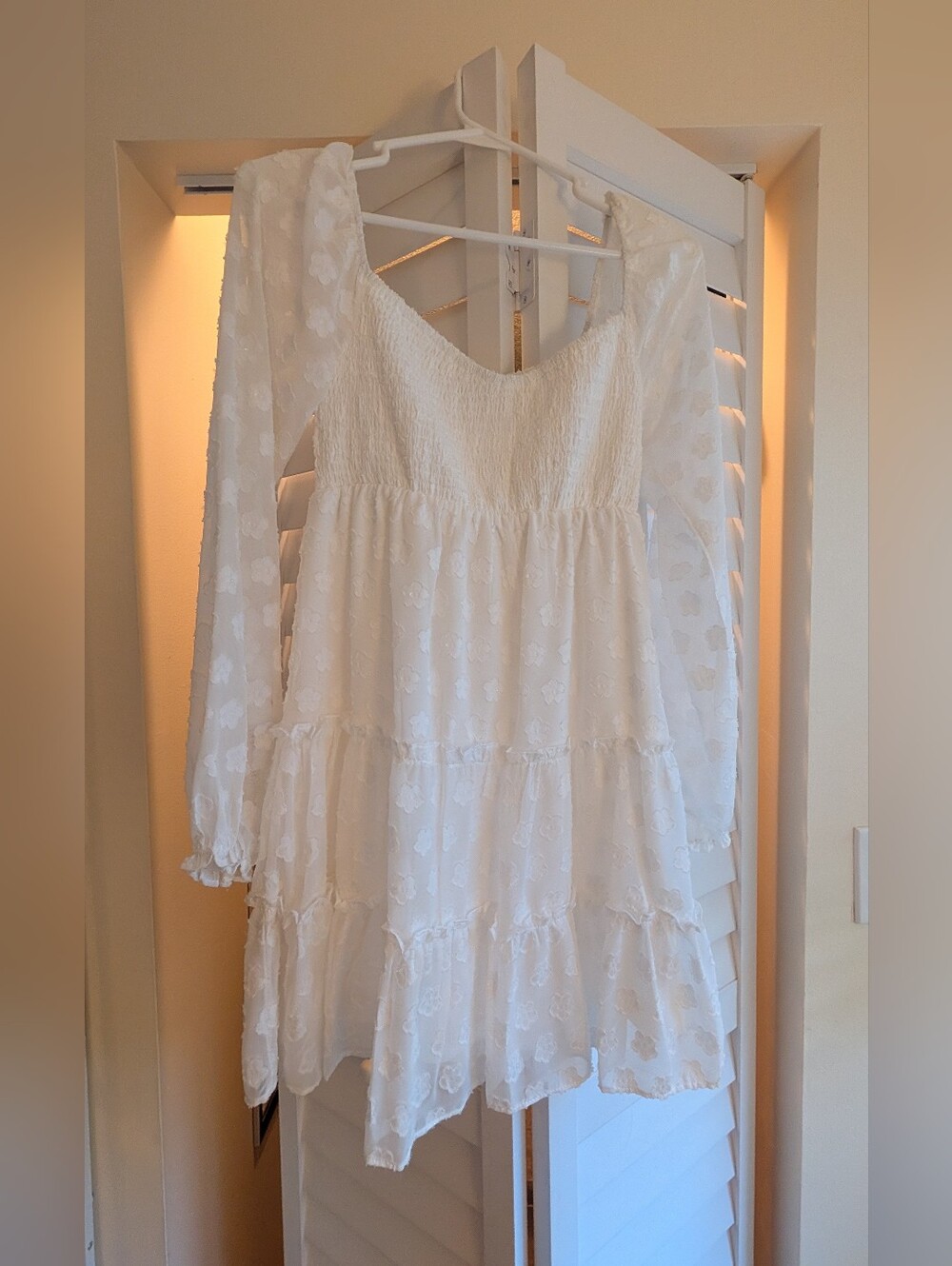 Smocked White Long-Sleeve Tiered Mini Dress